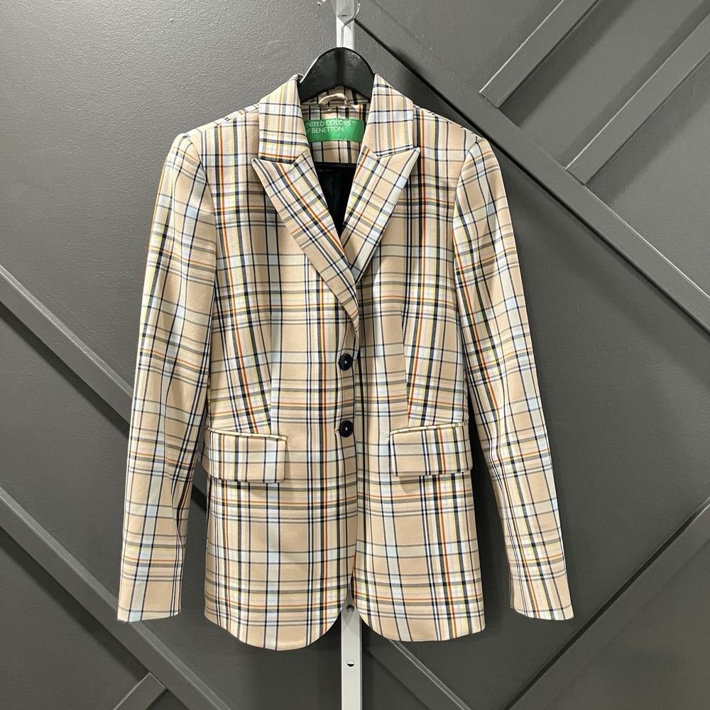 United Colors of Benetton Plaid Blazer Jacket Beige Multicolor Womens Size 6